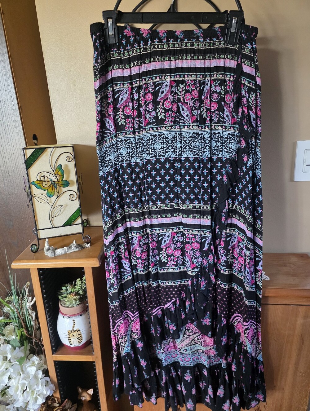 Boho Floral Ruffled High Low Oversized Maxi Skirt - Black with Pink & Teal